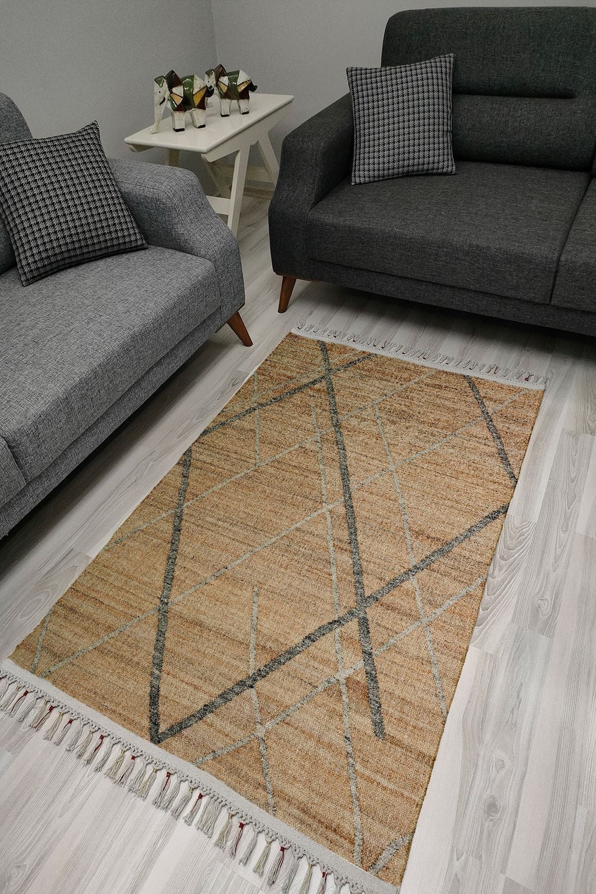 Cotton Serisi Gri Ve Kahve Tonlarında Eskitme Otantik Desen Dekoratif Dokuma Taban Kilim