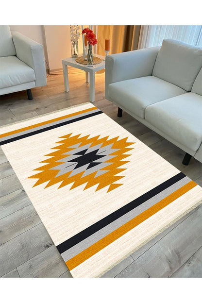 Cotton Serisi Krem Tonlarında Eskitm Desen Dekoratif Dokuma Taban Kilim