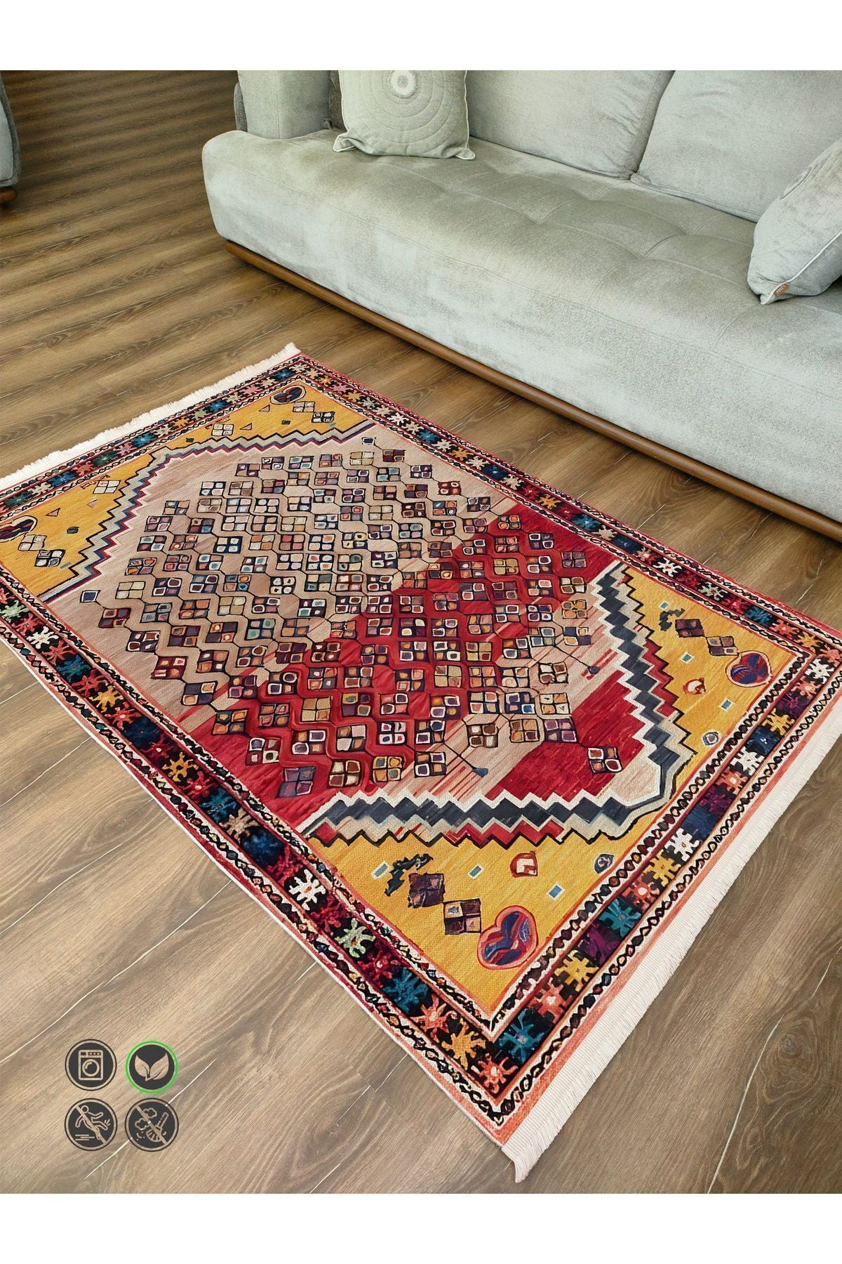 Halı Vagonu109ı Etnik Anadolu Halısı Dekoratif Salon Halısı Saçaklı Yıkanabilen Halı