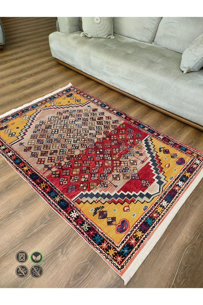 Halı Vagonu109ı Etnik Anadolu Halısı Dekoratif Salon Halısı Saçaklı Yıkanabilen Halı