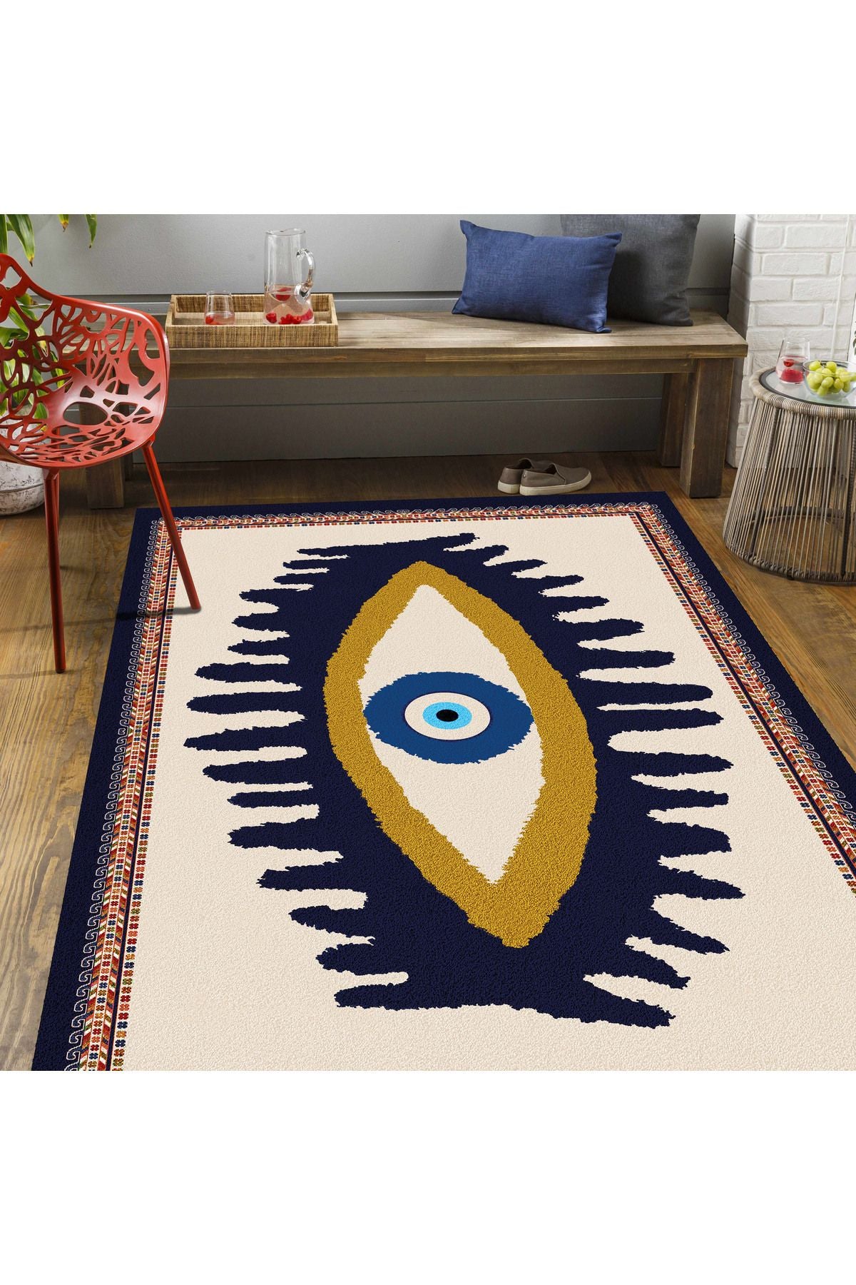 Göz Temalı Mavi Pastel Tonlarında Nazar Boncuğu Dokuma Taban Salon Halısı Çocuk Halısı  HV  252
