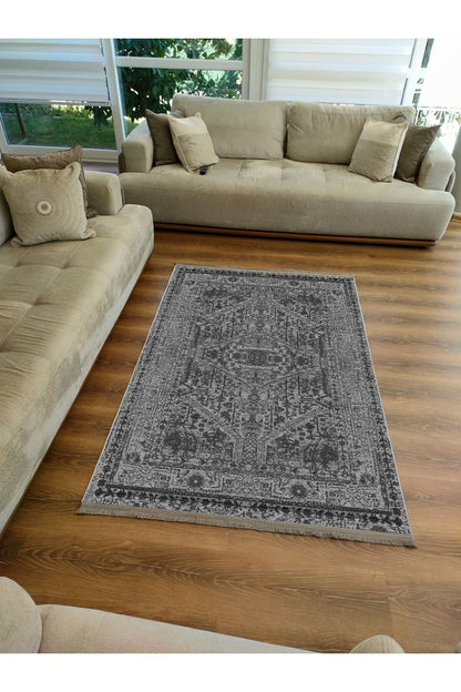 Halı Vagonu Serisi Gri Tonlarında Eskitme Antika Desen Kaymaz Taban Şönil Halı