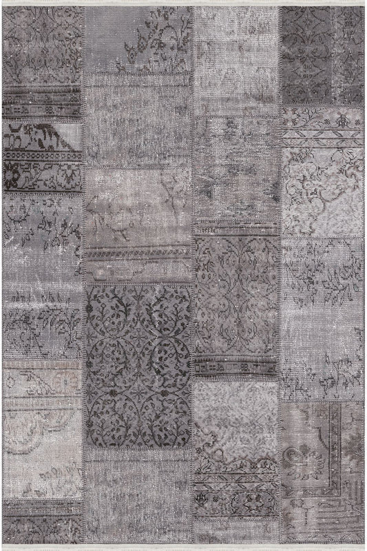 Halı Vagonu Serisi Gri Tonlarında Patchwork Desen Kaymaz Taban Şönil Halı