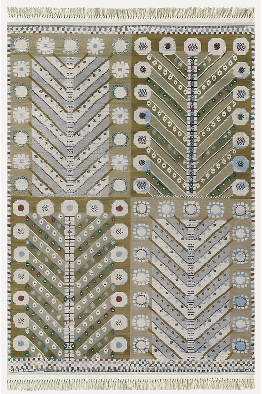 Cotton Kilim 3 Yeşil Tonunda Geometrik Desenli Dekoratif Yıkanabilen Dokuma Taban Kilim