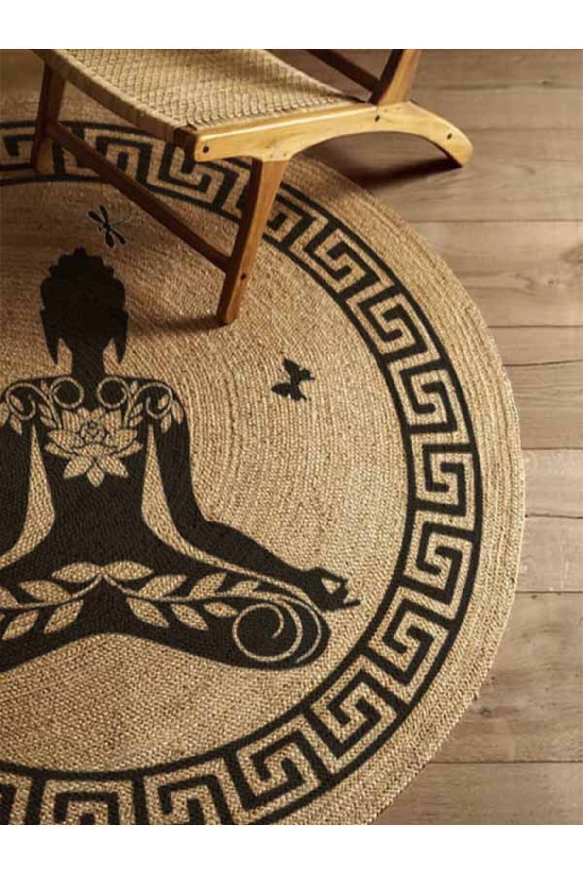 Boho 946 Yogo Yapan Kadın Baskılı Örgü Yuvarlak Natural Çift Taraflı Halı