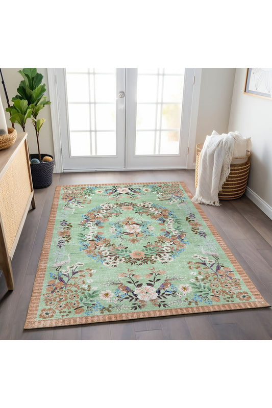 Halı Vagonu 196 Su Yeşili Pastel Turuncu Çiçekli Modern Dokuma Taban Halı