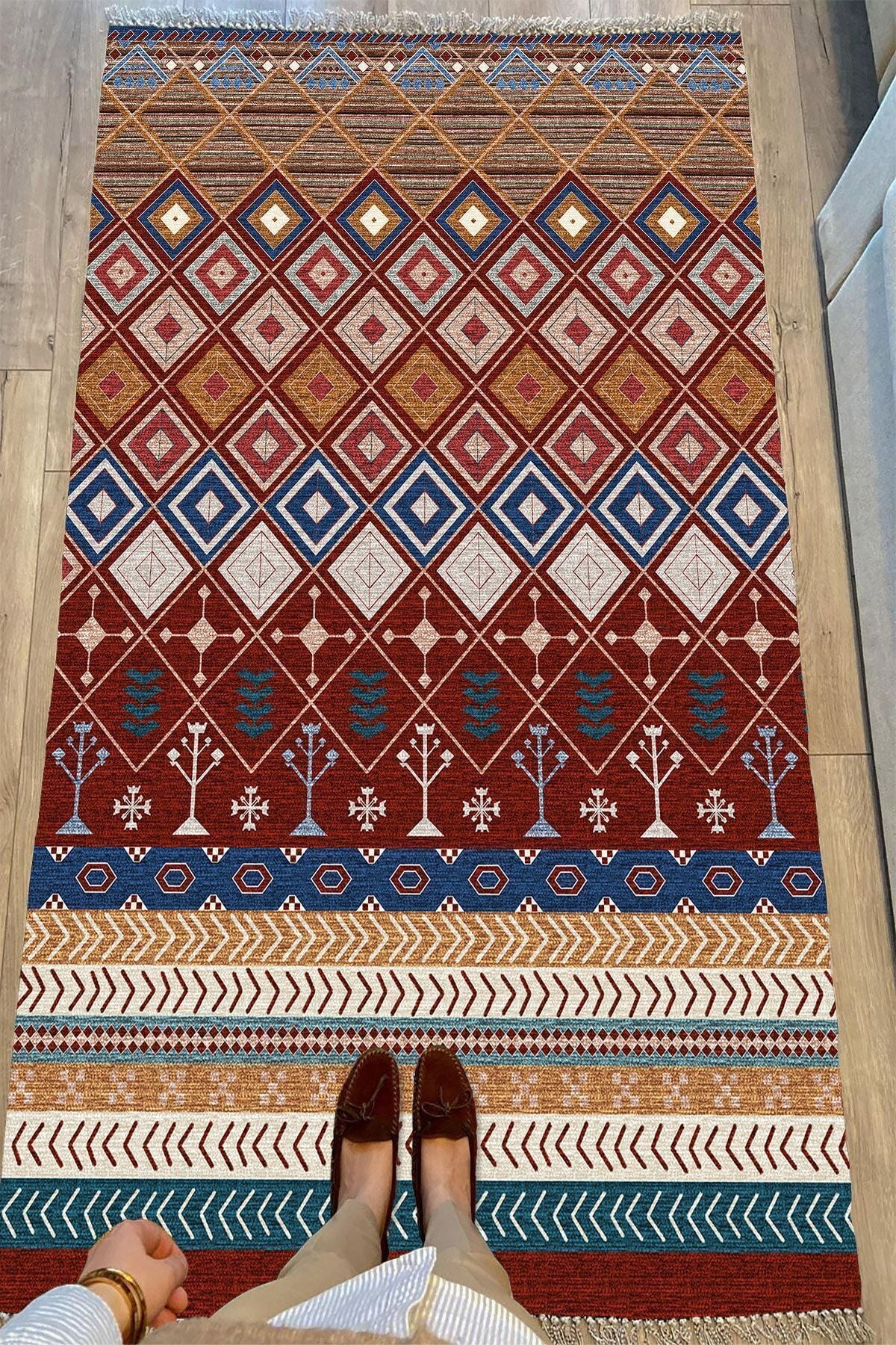 Cotton Serisi Multy Tonlarında Geometrik Antika Desenli Çift Taraflı Dekoratif Dokuma Taban Kilim