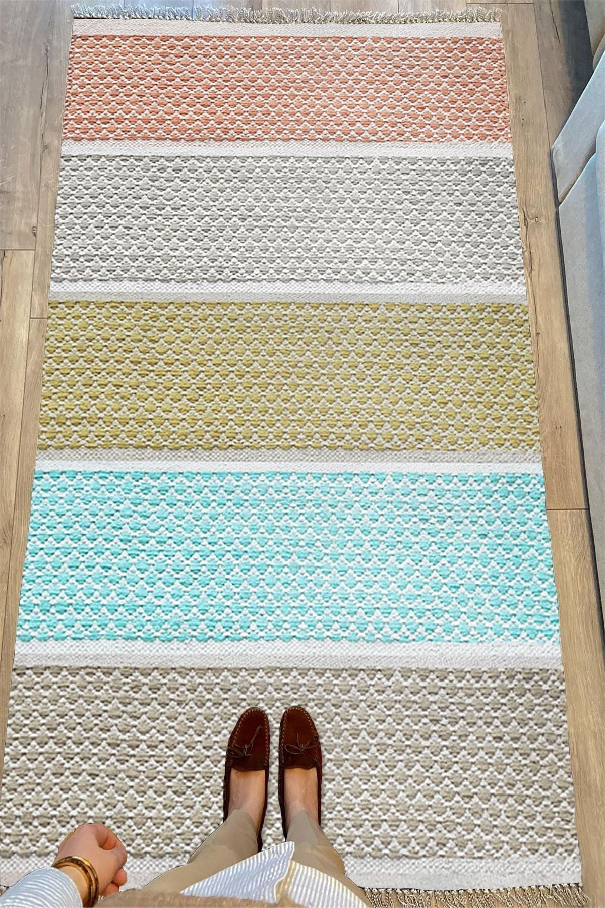 Cotton Serisi Multy Tonlarında Kabartma Eskitme Desenli Dekoratif Dokuma Taban Kilim