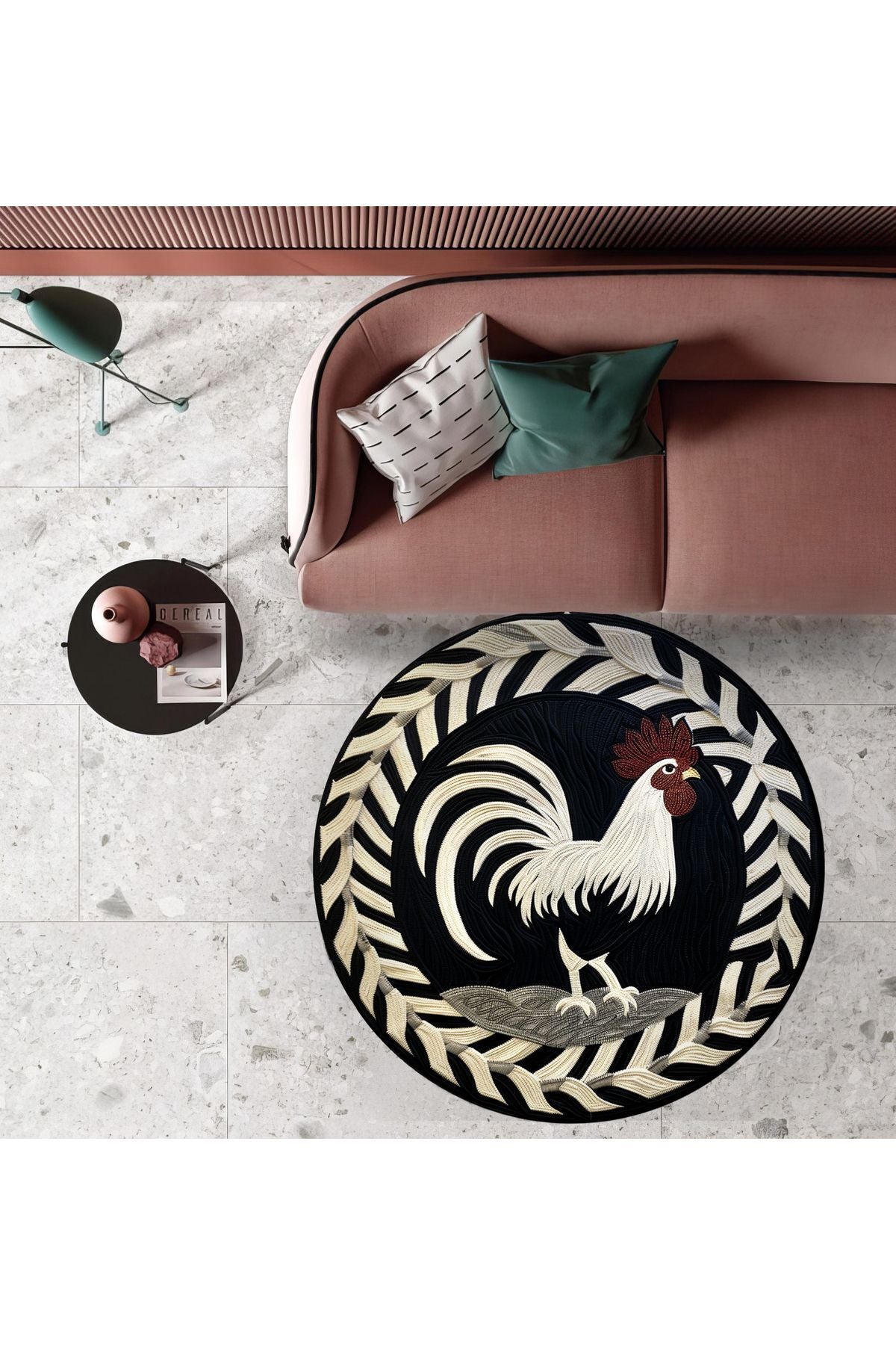 Halı Vagonu 167 Horoz Figürlü Siyah Dama Desenli Dokuma Taban Yuvarlak Halı