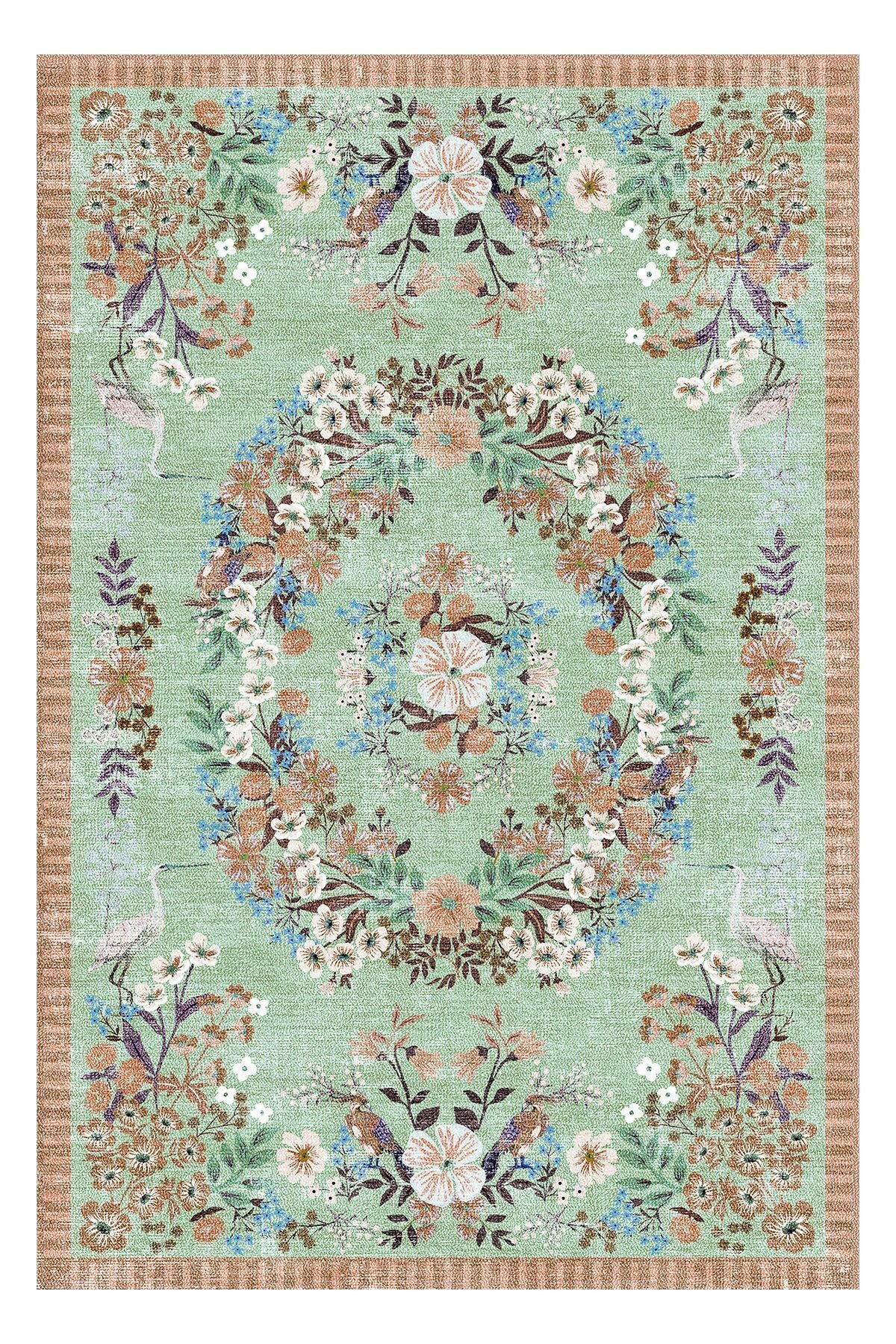 Halı Vagonu 196 Su Yeşili Pastel Turuncu Çiçekli Modern Dokuma Taban Halı