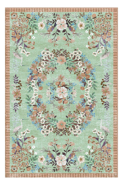 Halı Vagonu 196 Su Yeşili Pastel Turuncu Çiçekli Modern Dokuma Taban Halı