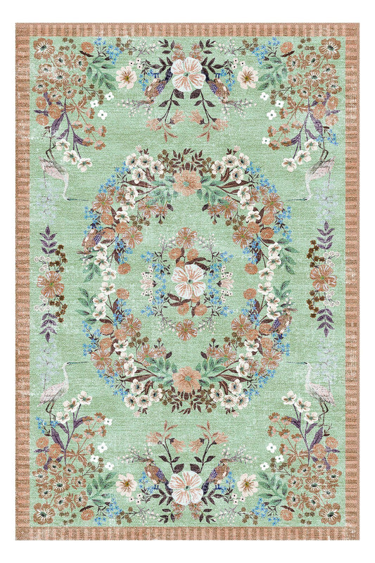 Halı Vagonu 196 Su Yeşili Pastel Turuncu Çiçekli Modern Dokuma Taban Halı