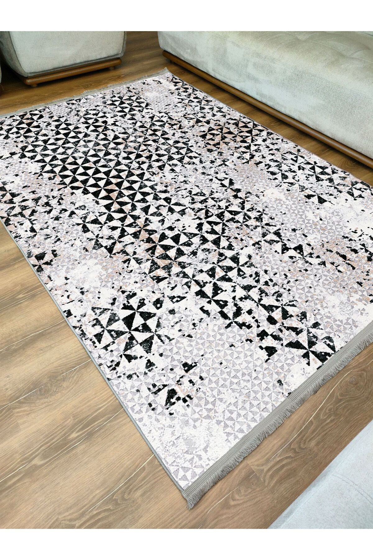 Halı Vagonu 2093 Gri Tonlarında Eskitme Geometrik Desen Kaymaz Taban Dekoratif Halı