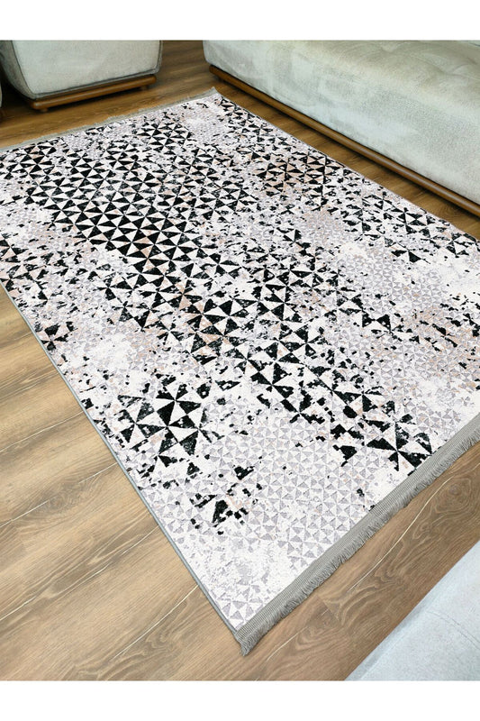 Halı Vagonu 2093 Gri Tonlarında Eskitme Geometrik Desen Kaymaz Taban Dekoratif Halı