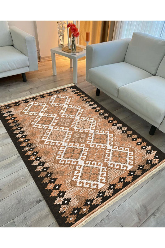 Cotton Serisi Kahve Tonlarında Bordürlü Baklava Eskitme Desen Dekoratif Dokuma Taban Kilim