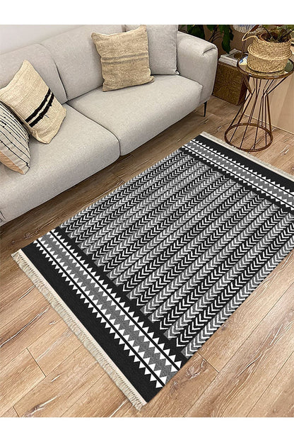 Cotton Serisi Siyah Beyaz Geometrik Etnik Eskitme Desenli Dekoratif Dokuma Taban Kilim