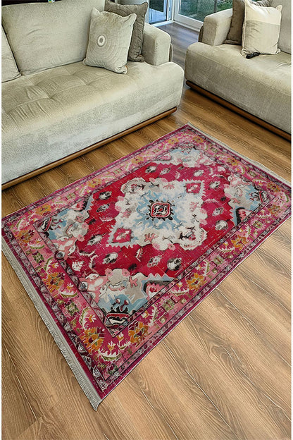 Halı Vagonu Halı98 Fuşya Tonlarında Klasık Dekoratif Halı Salon Halısı Saçaklı Yıkanabilen Halı