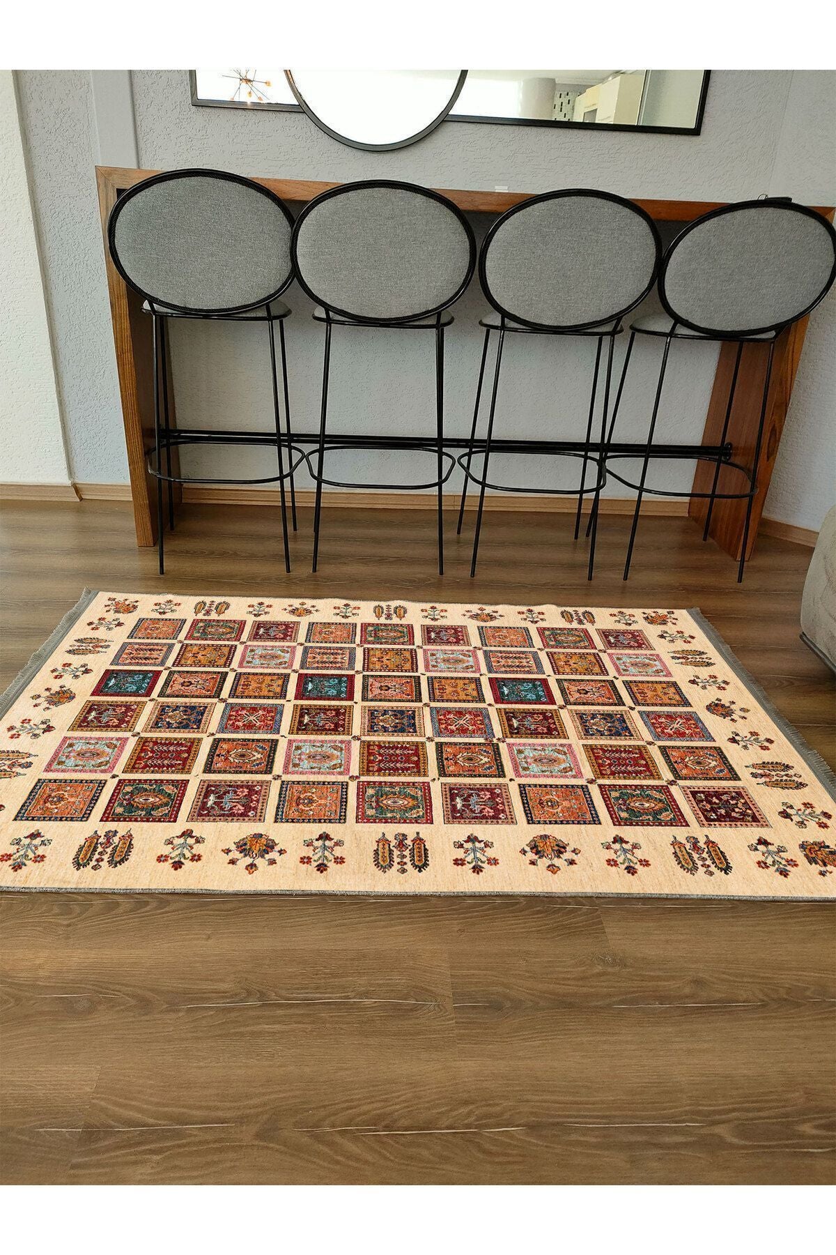 Halı Vagonu 2085 Bej Tonlarında Otantik Desen Kaymaz Taban Dekoratif Halı