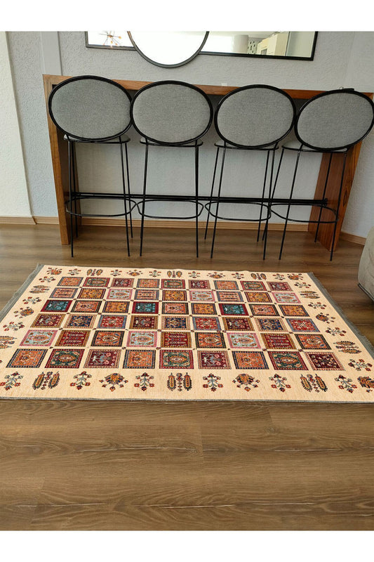 Halı Vagonu 2085 Bej Tonlarında Otantik Desen Kaymaz Taban Dekoratif Halı