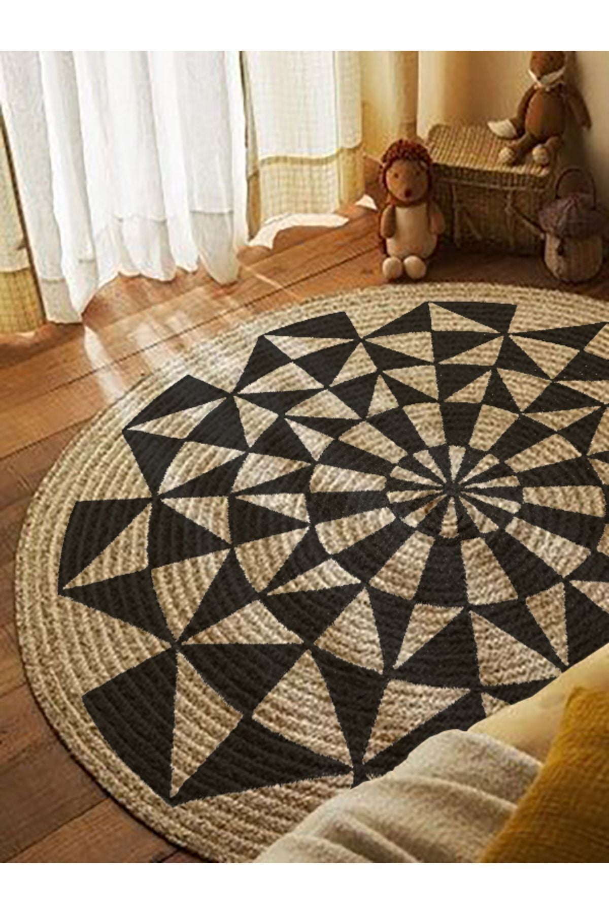 Boho 915 Geometrik Desen Baskılı Örgü Yuvarlak Natural Çift Taraflı Halı