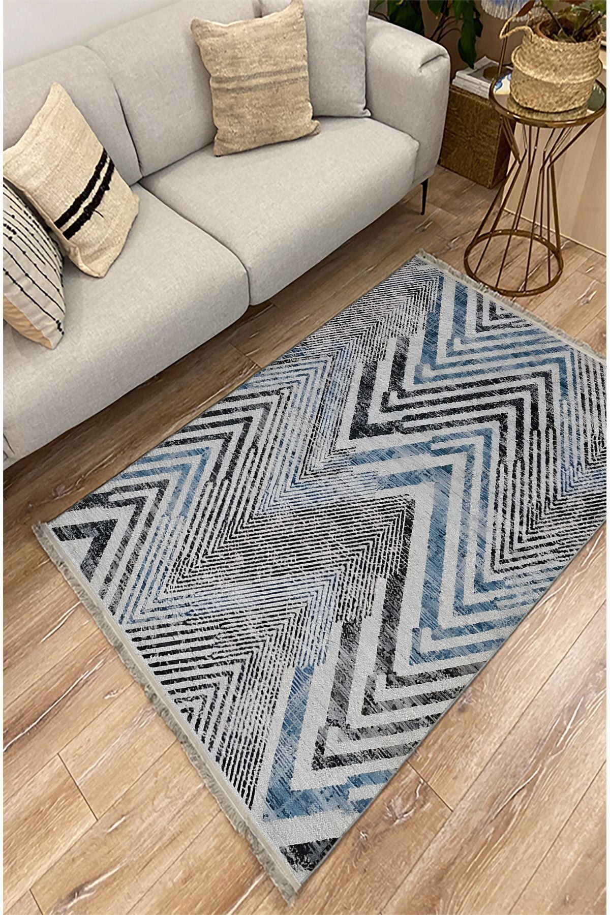 Halı Vagonu 101 Mavi Zigzag Çizgili Dekoratif Halı Saçaklı Halı