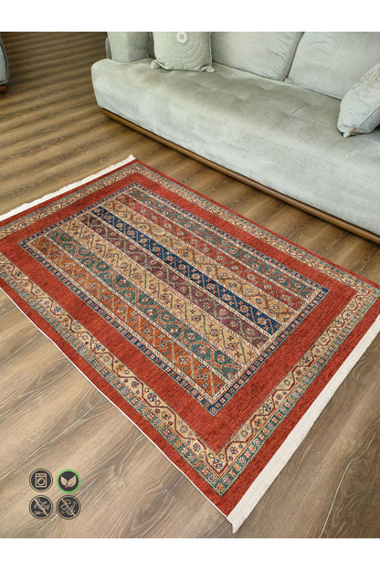 Halı Vagonu Kırmızı Tonlarında Etnik Klasik Eskitme Pamuk  Dokuma Taban Halı 2099