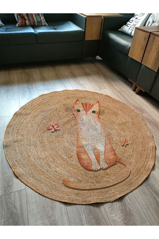 Boho 934 Jut Doğa Kedi Temalı Desenli Etnik Örgü Yuvarlak Natural Renk Çift Taraflı Halı