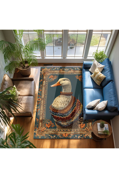 Ördek Temalı Yeşil Tonlarında Pastel Botanik  Dokuma Taban Salon Halısı Çocuk Halısı  HV  256