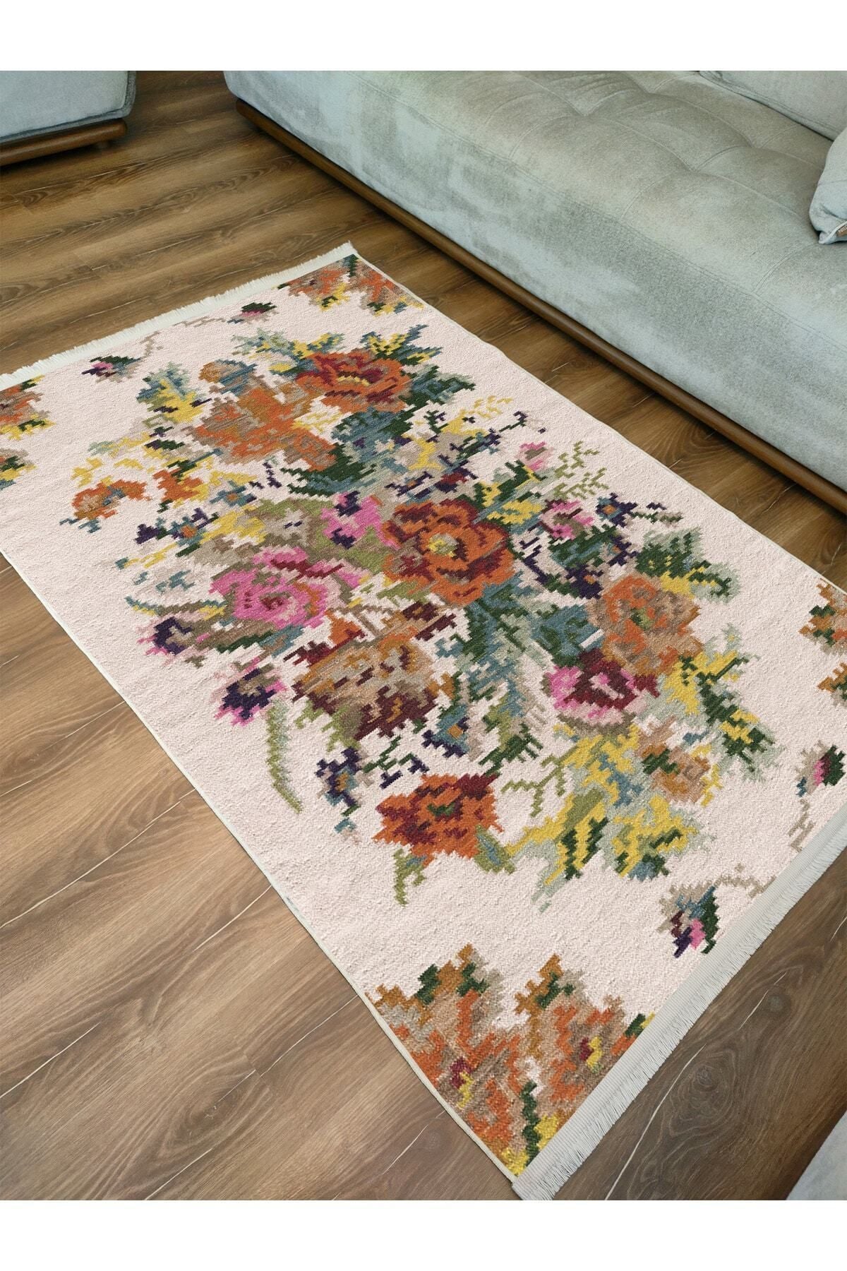 Halı Vagonu Serisi Multy Tonlarında Eskitme Çiçek Desen Kaymaz Taban Şönil Halı