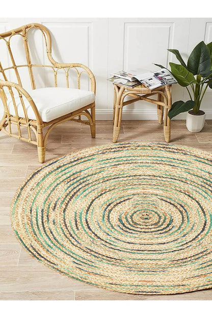 Boho 950 Jüt Rengi Ve Yeşil Desenli Örgü Yuvarlak Natural Çift Taraflı Halı