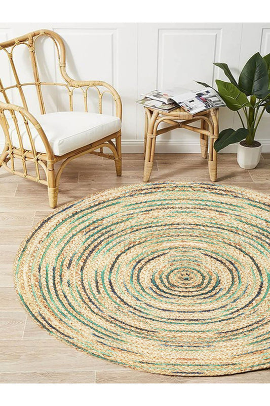 Boho 950 Jüt Rengi Ve Yeşil Desenli Örgü Yuvarlak Natural Çift Taraflı Halı
