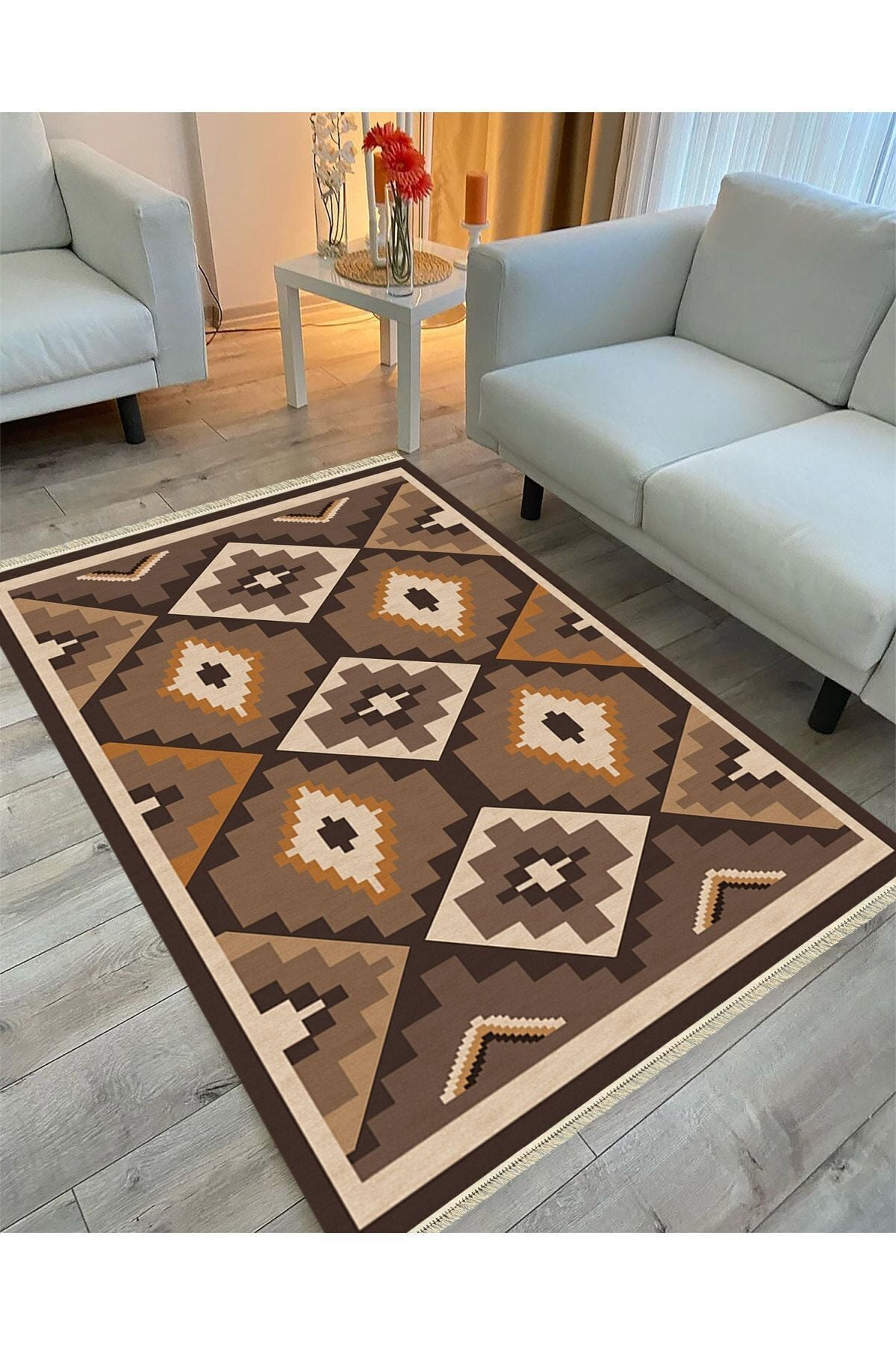 Cotton Serisi Siyah Ve Kahve Tonlarında Geometrik Eskitme Desenli Dekoratif Dokuma Taban Kilim