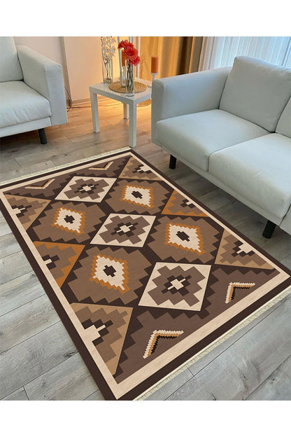 Cotton Serisi Siyah Ve Kahve Tonlarında Geometrik Eskitme Desenli Dekoratif Dokuma Taban Kilim