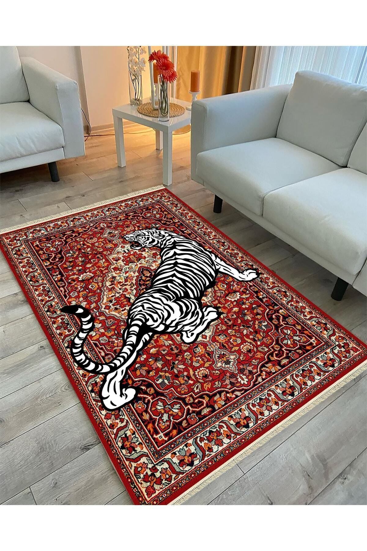 Halı Vagonu Serisi Kırmızı Tonlarında Kaplanlı Etnik Desen Kaymaz Taban Şönil Halı