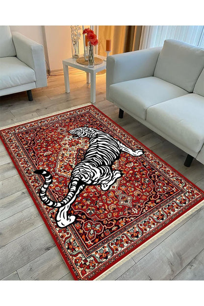 Halı Vagonu Serisi Kırmızı Tonlarında Kaplanlı Etnik Desen Kaymaz Taban Şönil Halı