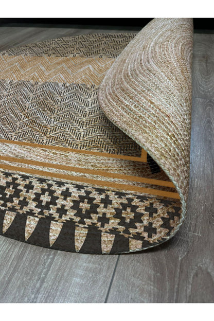 Boho 947 Geometrik Ve Etnik Baskılı Örgü Yuvarlak Natural Çift Taraflı Halı