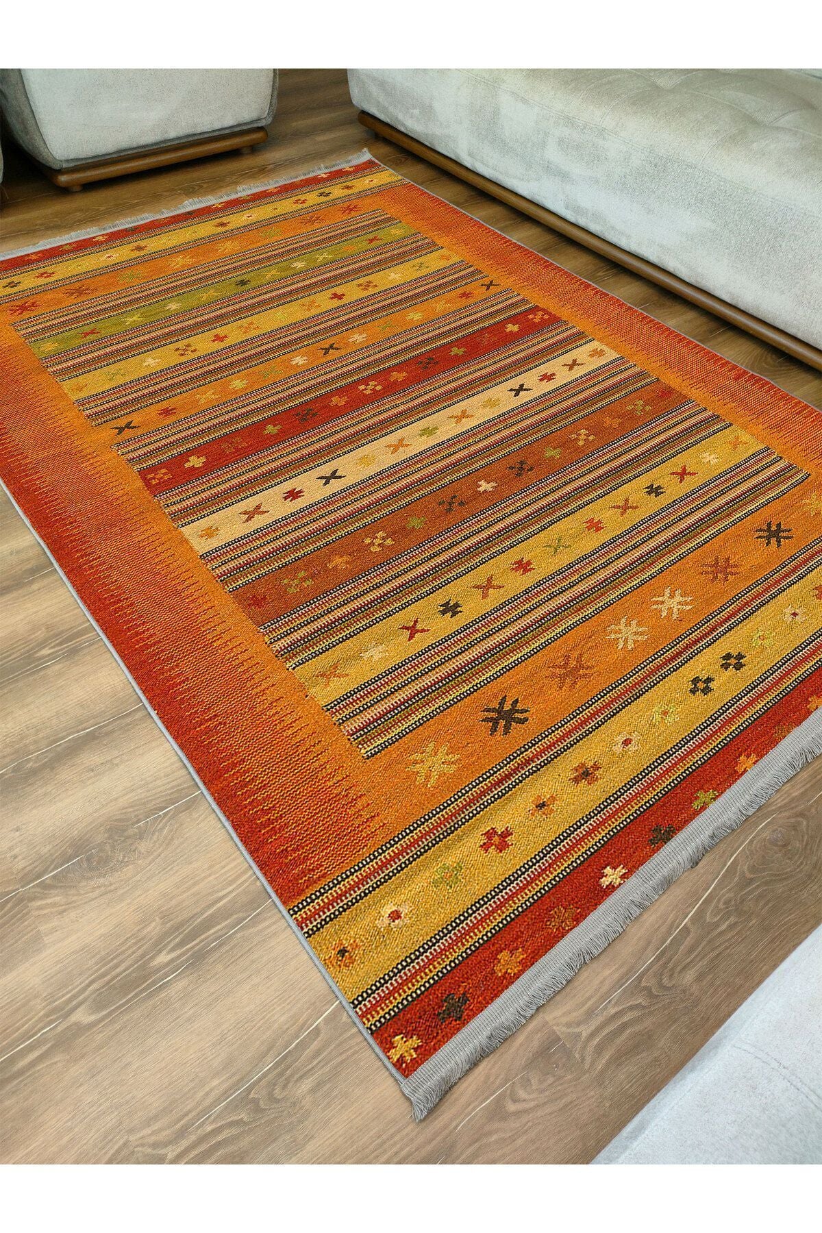 Halı Vagonu 2038 Renkli Klasik Desenli Yıkanabilir Kaymaz Salon Halısı, Koridor Ve Mutfak Halısı