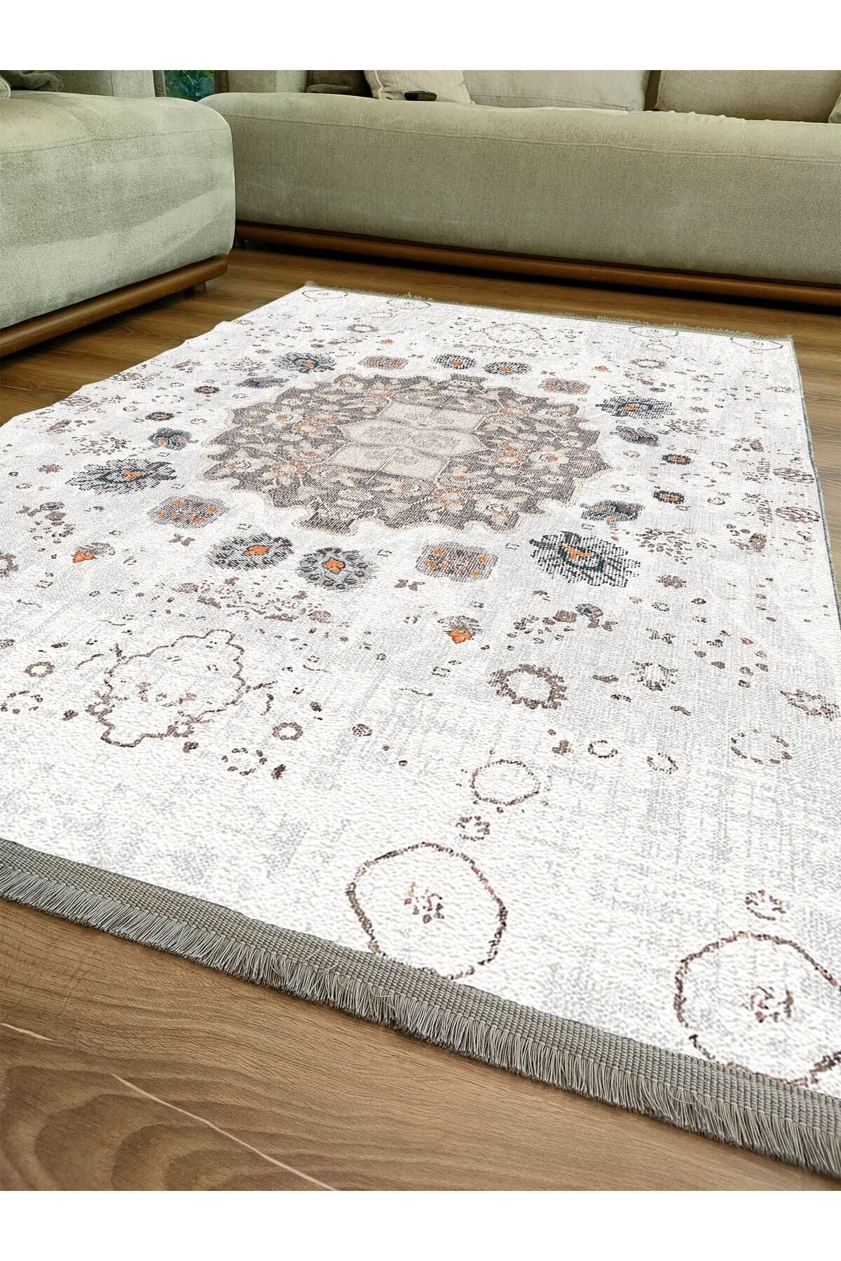 Halı Vagonu Serisi Gri Kahve Etnik Geometrik Desen Kaymaz Taban Şönil Halı