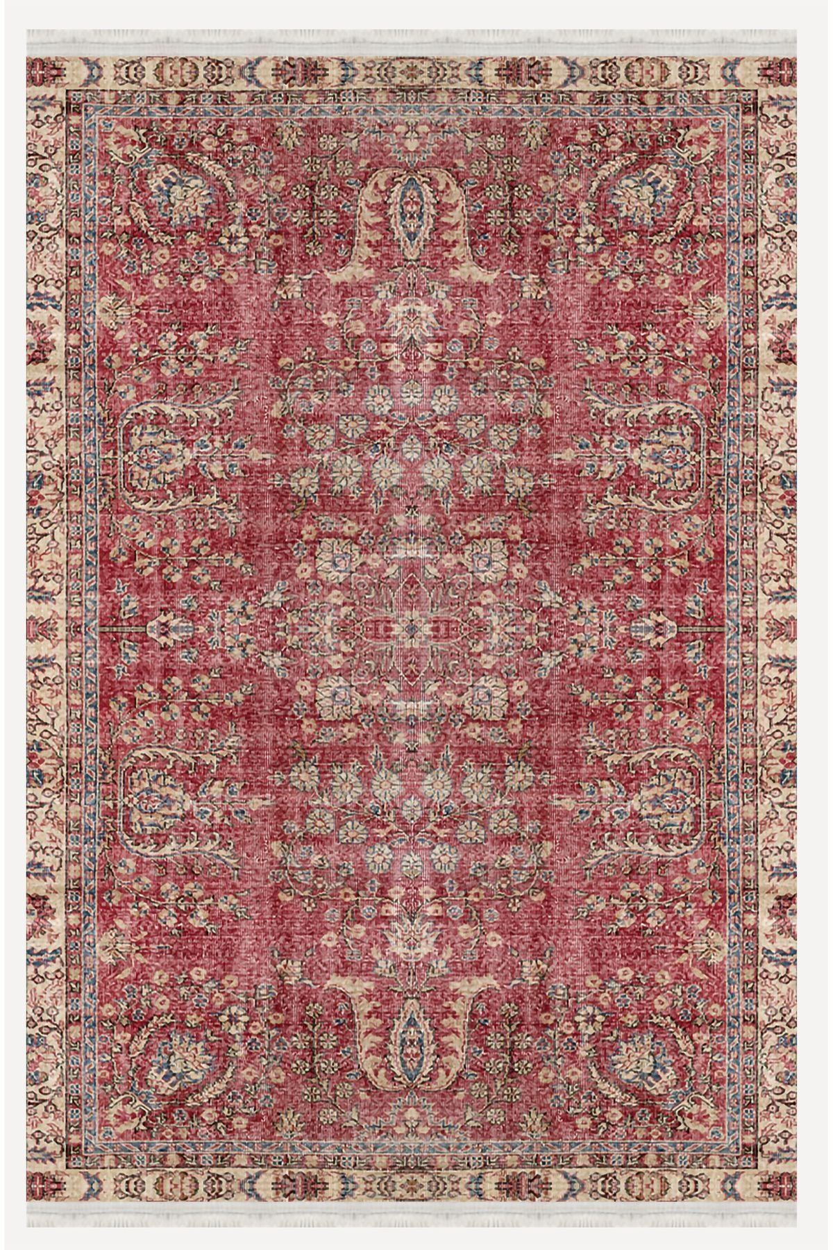 Halı Vagonu 2047 Bordo Tonlarında Etnik Eskitme Pamuk  Dokuma Taban Halı