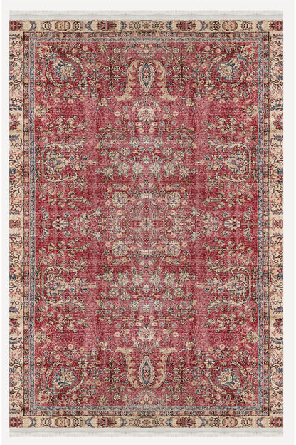 Halı Vagonu 2047 Bordo Tonlarında Etnik Eskitme Pamuk  Dokuma Taban Halı