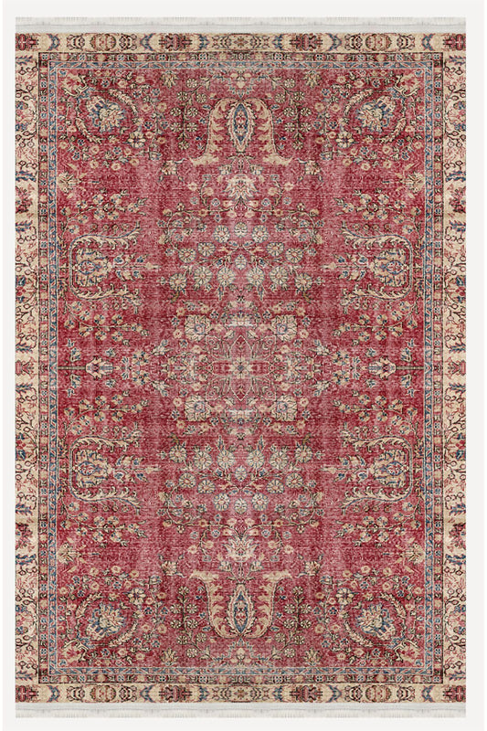 Halı Vagonu 2047 Bordo Tonlarında Etnik Eskitme Pamuk  Dokuma Taban Halı