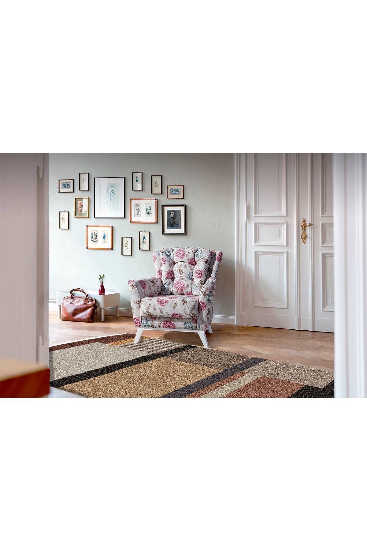 Cotton Serisi Kahve Tonlarında Geometrik Tüylü Görünümlü Modern Desen Dekoratif Dokuma Taban Kilim