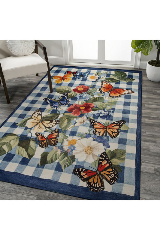 Halı Vagonu 209 Mavi Beyaz Ekose Çiçek Kelebek Figürlü Modern Dokuma Taban Dekoratif Halı