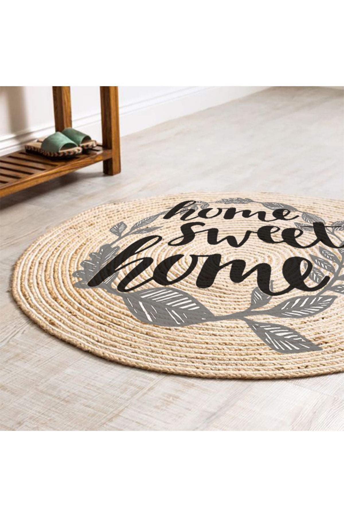 Boho 973 Home Sweet Home Temalı Etnik Desenli Yuvarlak Jüt Örme Doğal Hasır Kilim Daire Halı