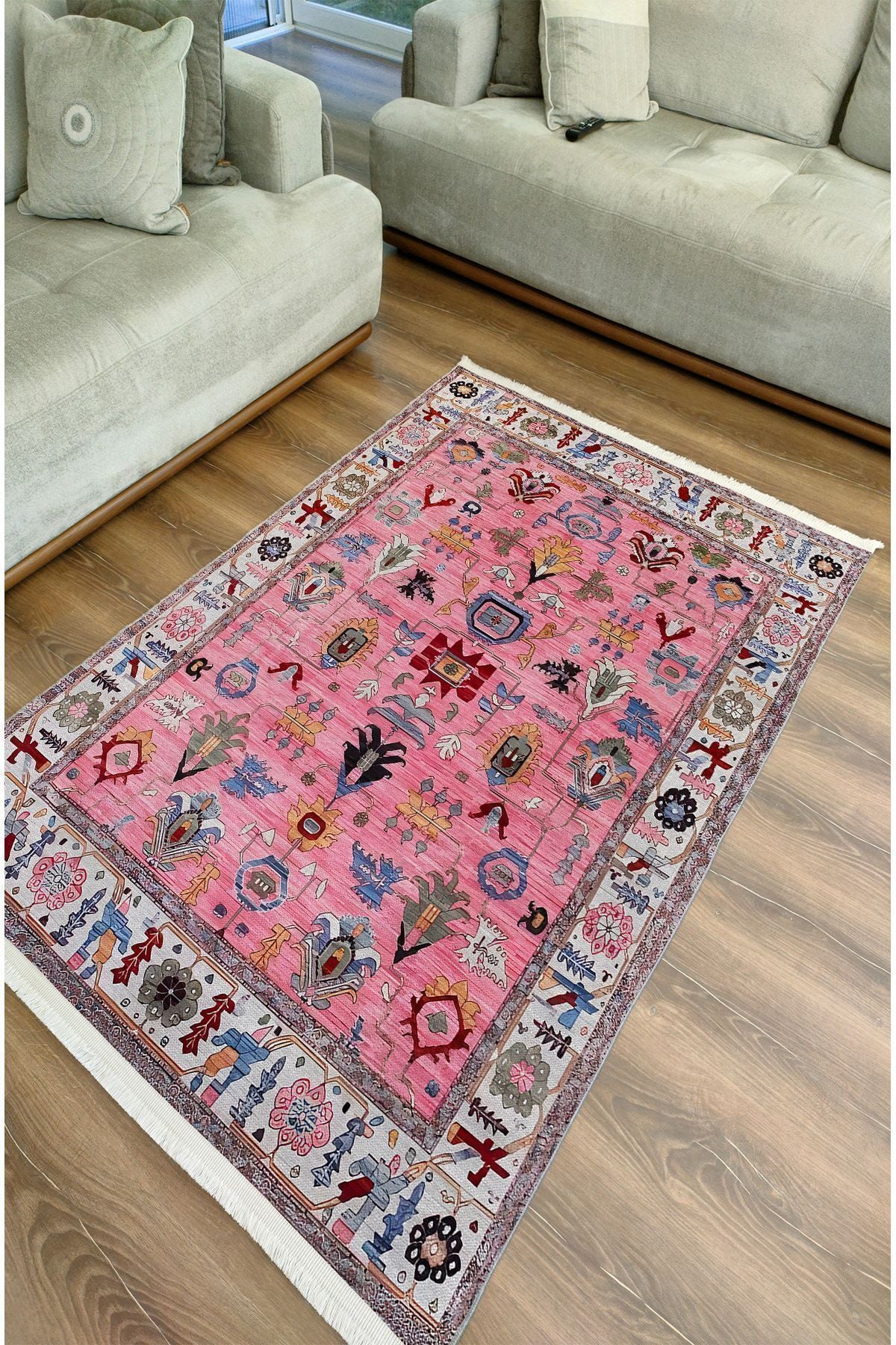 Halı Vagonu71 Fuşya Tonlarında Dekoratif Salon Halısı Klasik Halı Saçaklı Yıkanabilen Halı