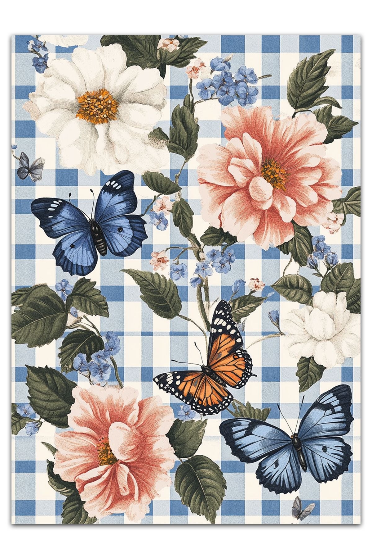 Halı Vagonu 214 Mavi Beyaz Dama Çiçekli Modern Dokuma Taban Dekoratif Halı