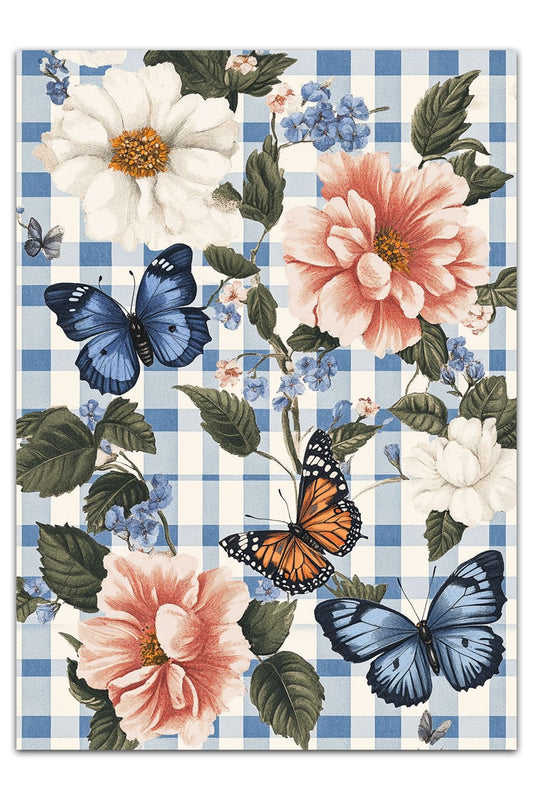 Halı Vagonu 214 Mavi Beyaz Dama Çiçekli Modern Dokuma Taban Dekoratif Halı