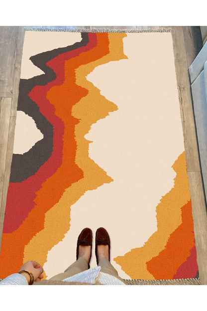 Cotton Serisi Kırmızı Tonlarında Alevli Modern Desen Dekoratif Dokuma Taban Kilim