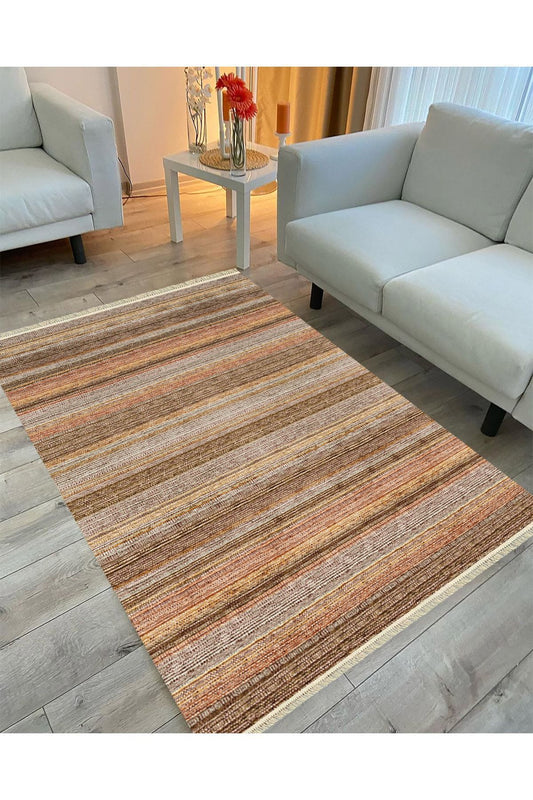 Cotton Serisi Koyu Kahve Tonlarında Mermer Görünümlü Otantik Dekoratif Dokuma Taban Kilim