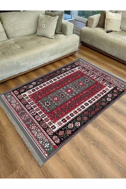 Halı Vagonu Serisi Antik Kırmızı Ve Siyah Tonlarında Otantik Desen Kaymaz Taban Şönil Halı